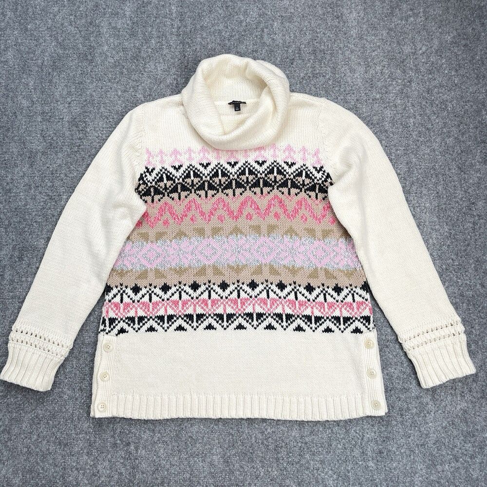 Talbots Fair Isle Cowl Neck Sweater Womens Size Large Ivory Cotton Blend NWOT